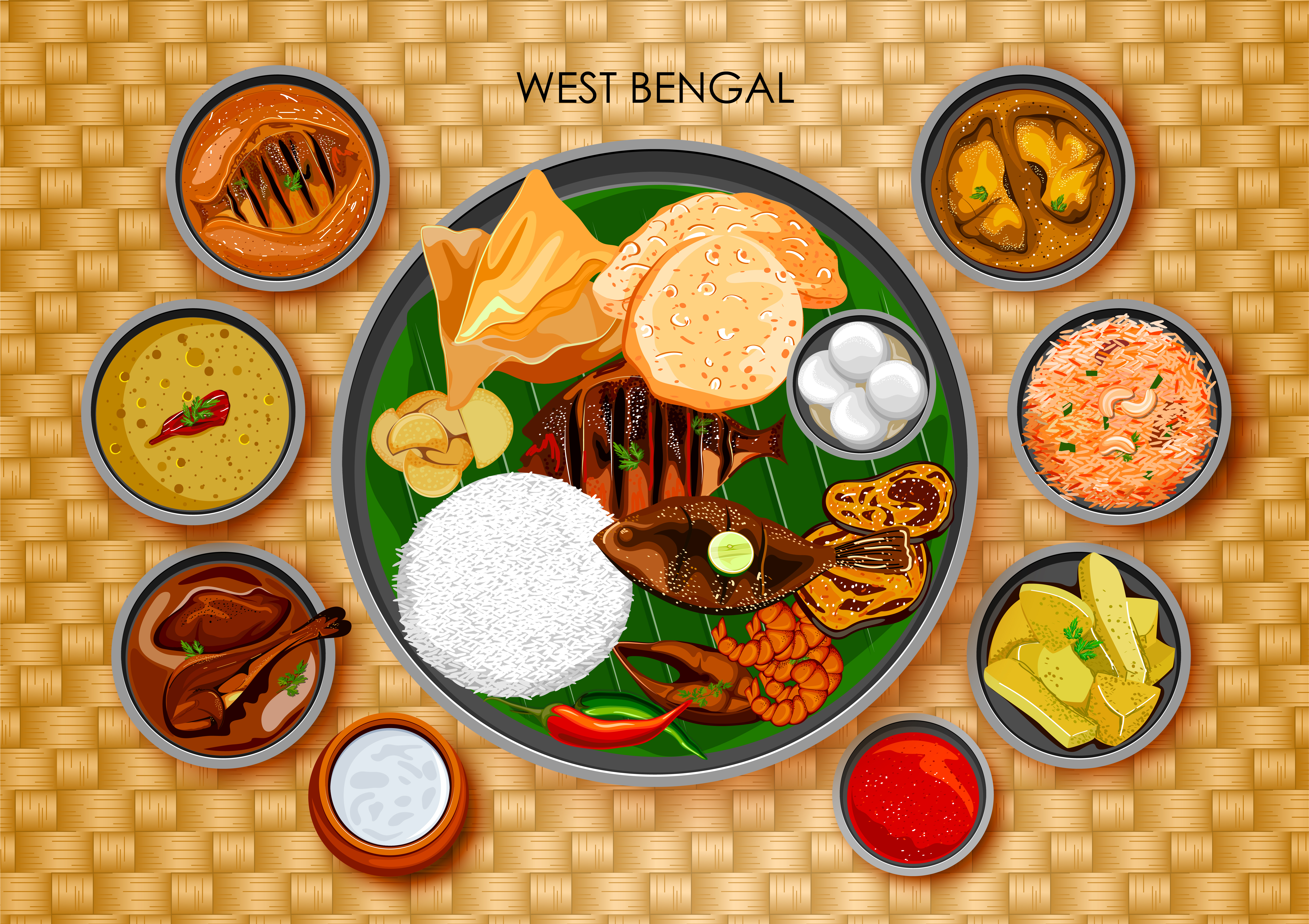 illustration of Traditional Bengali cuisine and food meal thali of West Bengal India