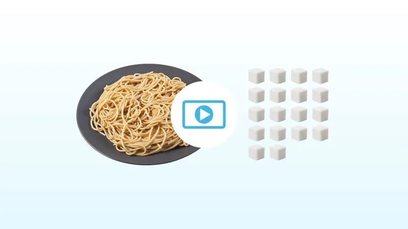 Portion control film - a plate of noodles beside twenty sugar cubes