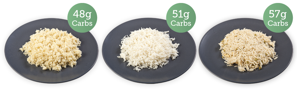 Cous cous - 48g carbs; basmati rice - 51g carbs; egg fried rice - 57g carbs