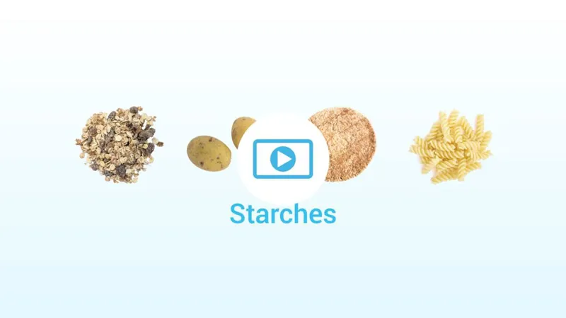 Carb content film - granola, potatoes, a roll and pasta labelled Starches