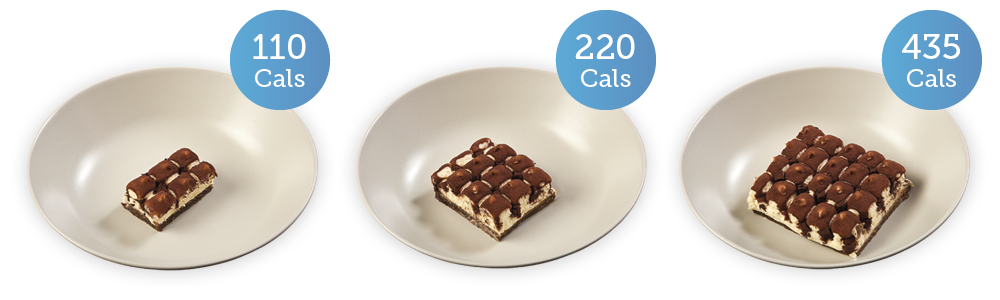 Different portions of tiramisu with different cals; 110 cals; 220 cals; 435 cals