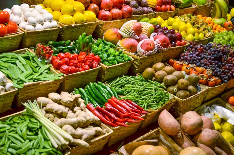 Healthy snacking - basket of fresh fruit and vegetables