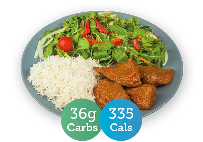 Fish curry, rice & salad