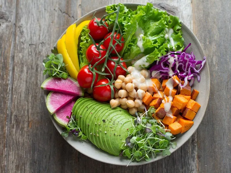 Healthy snacking - plated lunch of salad and grains