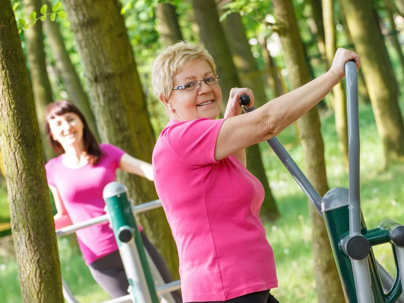 Two women exercising on outdoor gym equipment