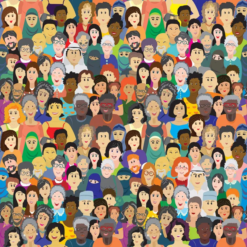Illustrated crowd of many different faces