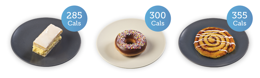 custard slice 285 cals; chocolate sprinkle doughnut 300 cals; cinnamon swirl 355 cals